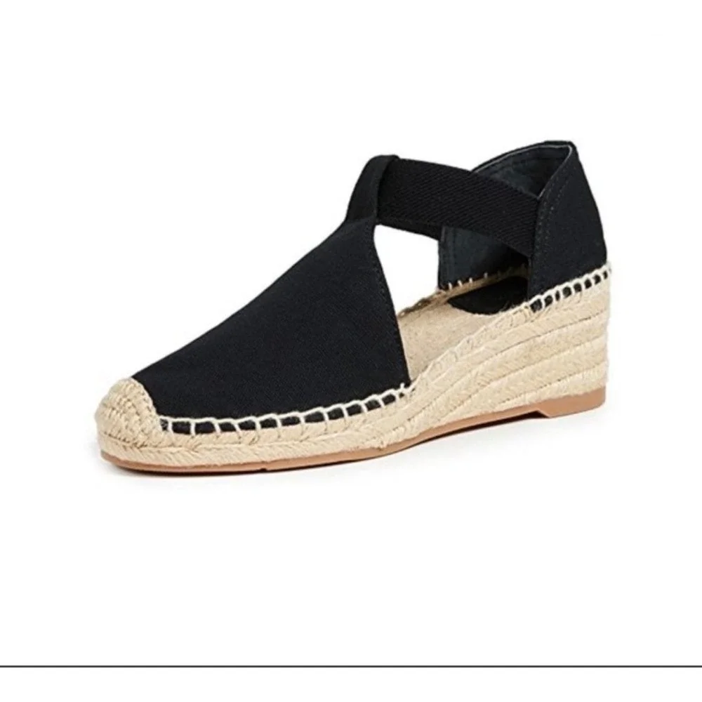 Tory Burch Catalina Black Canvas Wedge Espadrille Sandals Women 9